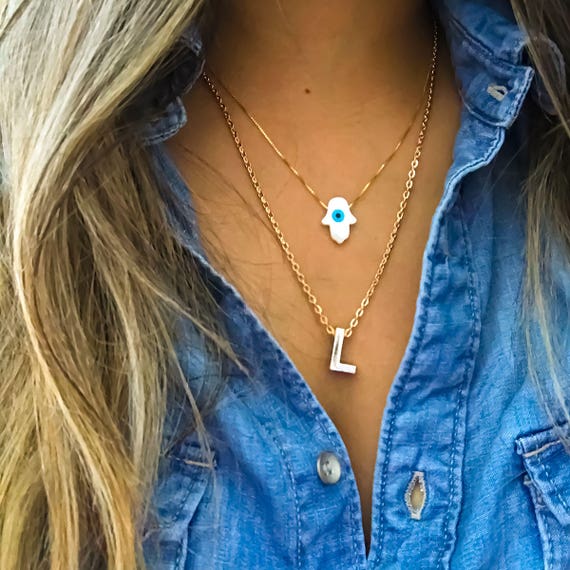 Hamsa Gold Necklace, Plus FREE Initial Letter, Evil Eye Pendant, Hamsa Charm, Hamsa Hand, Maid of Honor Gift, Interesting Gift, Gold Jewelry
