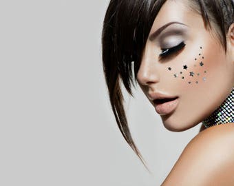 Silver Stars Party Face Tattoo | White Crystal Face Gems