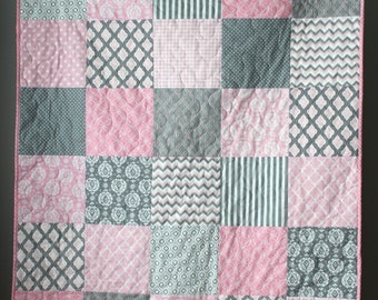 Baby Quilt Girl-Modern Baby Quilt-Pink and Grey Baby Bedding-Pink Grey Quilt-Baby Pink Crib Quilt-Pale Pink Baby Bedding-Homemade Baby Quilt
