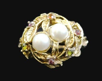 Bird Nest Ring, With Pearls And Colored Rhinestones, Gift For Her