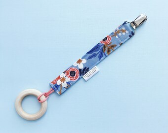 Blue Floral Pacifier Clip - Baby Girl Pacifier Clip - Pacifier Clip - Binky Clip - Soother Clip - Toy Clip - Universal Clip
