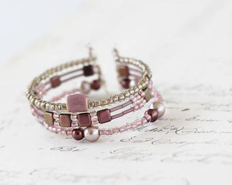 Multi Strand Bracelet - Beaded Bracelet Stack - Rose Gold Bracelet - Beaded Cuff Bracelet - Date Night - Girlfriend Beaded Bracelet