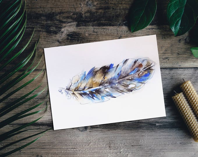 Art, Feather Drawing, Watercolor Pen Painting, Original Artwork, Blue and Brown Feather Art No. 3, 6 x 8