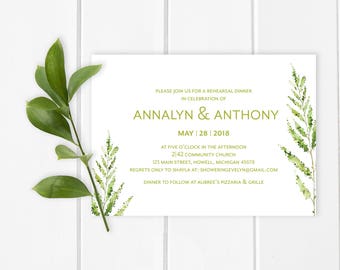 Nature inspired Rehearsal Dinner Invitation | Fresh green rehearsal dinner invitation, lush green foliage, rustic woodland rehearsal dinner