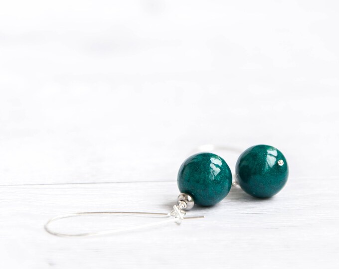 Emerald green earrings, Glitter earrings, Glitter ball earrings, Dark green earrings, Emerald color earrings, Green earrings dangle