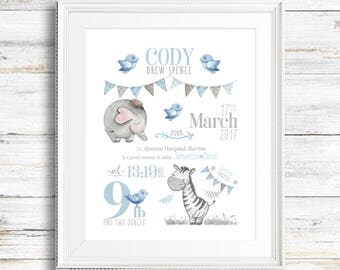 Birth Announcement Wall Art, Nursery Birth Print, Safari Nursery Prints, Safari Nursery Decor, Safari Nursery Art, Safari Animal Prints
