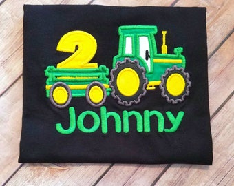 Green Farm tractor birthday shirt. name and number colors Can do boy or girl any age. T shirt color- black, white, or gray. John