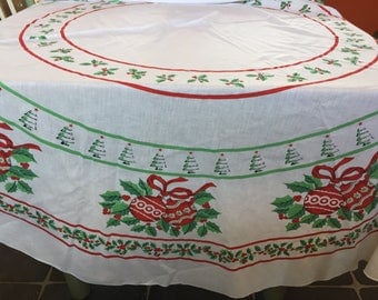 68" Large Round White Vintage Christmas Tablecloth