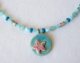 Starfish Necklace, Star Fish Pendant, Teen Girls Necklace, Ceramic Pendant, Beaded Necklace, Blue Turquoise, Handmade, Gift Idea