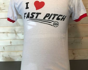 Vintage 1980's I Love Fastpitch 50/50 Ringer T-Shirt Awesome Retro