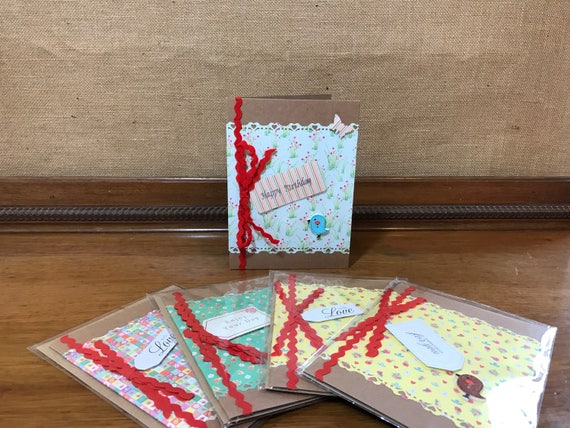 Handmade Birthday Card in Red, Yellow, Green |Pretty Greeting Card | Girly Birthday Cards | Bird Button Detail Cards | Colourful Cards