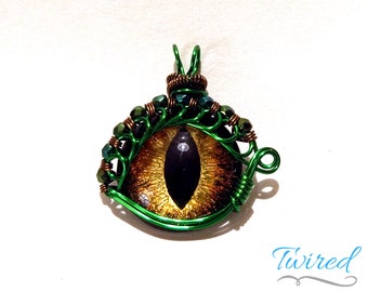 Gold Hand-Painted Dragon Eye Pendant w/Green & Bronze Beaded Wire Wrap (with Necklace)