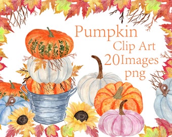 Watercolor Pumpkin Clipart,Thanksgiving Clipart,Autumn Clipart,Halloween clipart,Fall leaf clipart,Autumn colors,Watercolor sunflowers