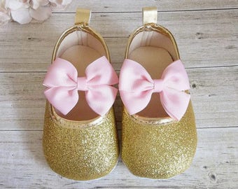 1st Birthday Girl Outfit, First Birthday Outfit Girl Pink and Gold, Gold Glitter Shoes, One Year Old Girl Birthday Outfit, Gold Baby Shoes