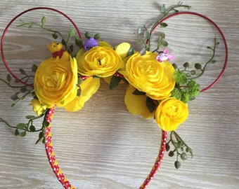 Winnie the Pooh Mouse Ears, Pooh Bear Ears, Minnie Mouse Ears, Floral Ears, Floral Wire Ears, Mickey Mouse Ears, Winnie the Pooh Ears
