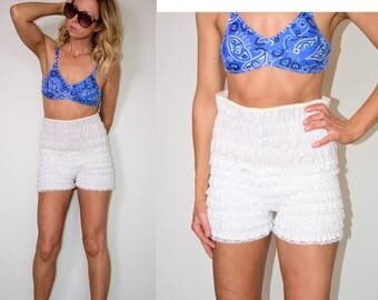Vintage 60s Ivory Cotton High Waisted Lace Ruffled Bloomers Panties Pettipants M/L