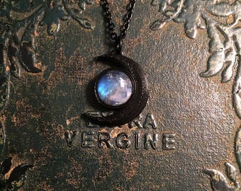 SALE! Crescent moon necklace // black gothic necklace // rainbow moonstone necklace // crystal necklace / luna necklace