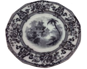 Antique English Ironstone Black Transferware Plate from Davenport, Cypress Pattern 1800s