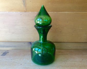 Vintage Green Fleur De Lis Empoli Genie Bottle Decanter with Stoppers Hand Blown Excellent