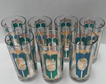 Vintage Set of 6 Teal and Gold Highball Glasses