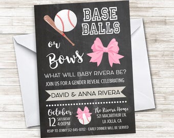 Baseballs or Bows Gender Reveal Invite Invitation Digital 5x7 Chalkboard Blue Pink Baby