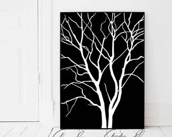 Black Tree Print, Black Tree, Black Poster, Affiche Arbre, Black and White, Tree Print, Scandinavian, Black Nordic Decor, Noir Et Blanc