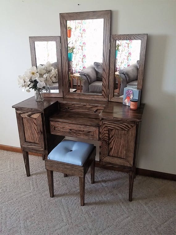 Lavish Lady III Oak Makeup Vanity Table with Tri Fold Mirror