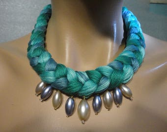 Braided Necklace. Mercerized cotton with oval beads. Turquoise emerald aqua Decoration for her. Women's necklace. Natural cotton. Gift Idea