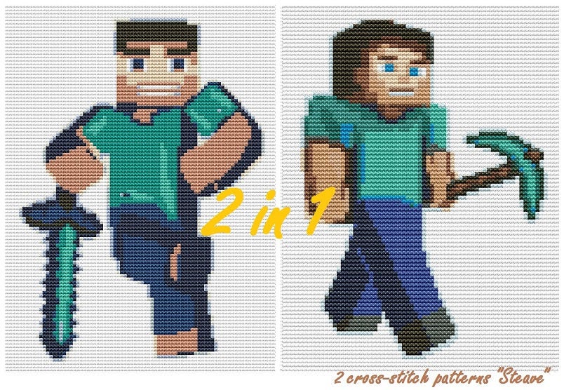 2 in 1 Minecraft cross stitch patterns Steve Sword Pickaxe 