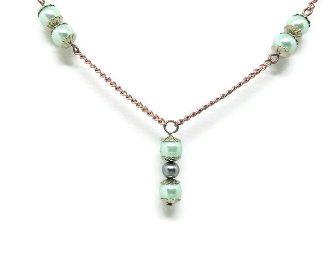 Seafoam Green Pearl Copper Necklace, Swarovski Pearl Necklace, Faux Pearl Necklace, Unique Birthday Gift, Gift for Her,