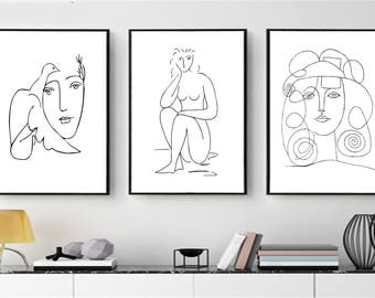 Set of 3 Prints Picasso Prints Line Print Scandinavian Prints Minimalist Art Printable Picasso Black White Wall Prints Picasso Girl Print