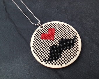 Necklace I love moustache - wood and cross stitch