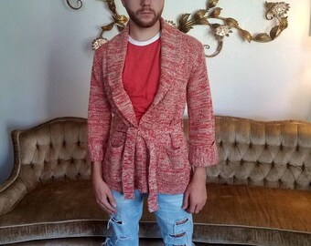 Vintage 1970s 70s Space dyed belted Cardigan red sweater cuffed sleeves Womens small