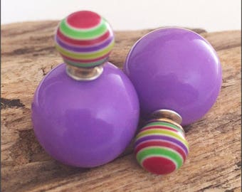 Beautiful multicolor stripes double sided earrings (front and back French style tribal chic studs)