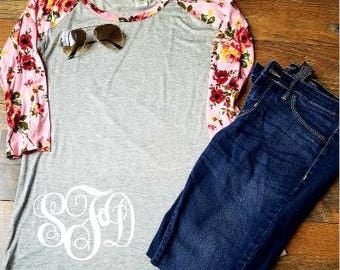 Womans Monogram Shirt - Womans Floral Sleeve Baseball Shirt - Womans Clothing - Monogram Shirt - Floral Sleeve Raglan