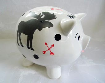 Piggy Bank, Personalized piggy bank, large piggy bank, piggy bank with moose, children's bank, nursery decor, ceramic piggy bank