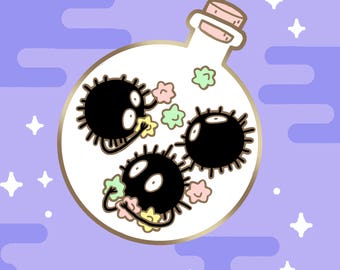 PREORDER - "SOOTPOTION" *Glitter* Ghibli Soot sprite inspired hard enamel pin with gold lining.