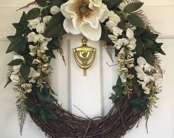 Magnolia and Whisteria Grapevine Wreath. Spring Wreath. Front door Wreath. Summer Wreath. Annual Wreath. Greenery Wreath. Gift.