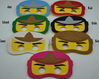 Ninjago Felt Masks - Birthday Party Favor. Great for Kids Boy Girl Child Toddler Superhero Costume Outfit. Kai Cole Zane Jay Lloyd Sam