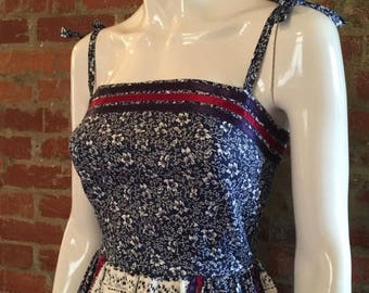 GOODBYE SUMMER SALE Vintage 70's Calico Patchwork Prairie Dress: 100% Cotton Festival Maxi Sun Dress with Ribbons and Lace, size 6 Xs