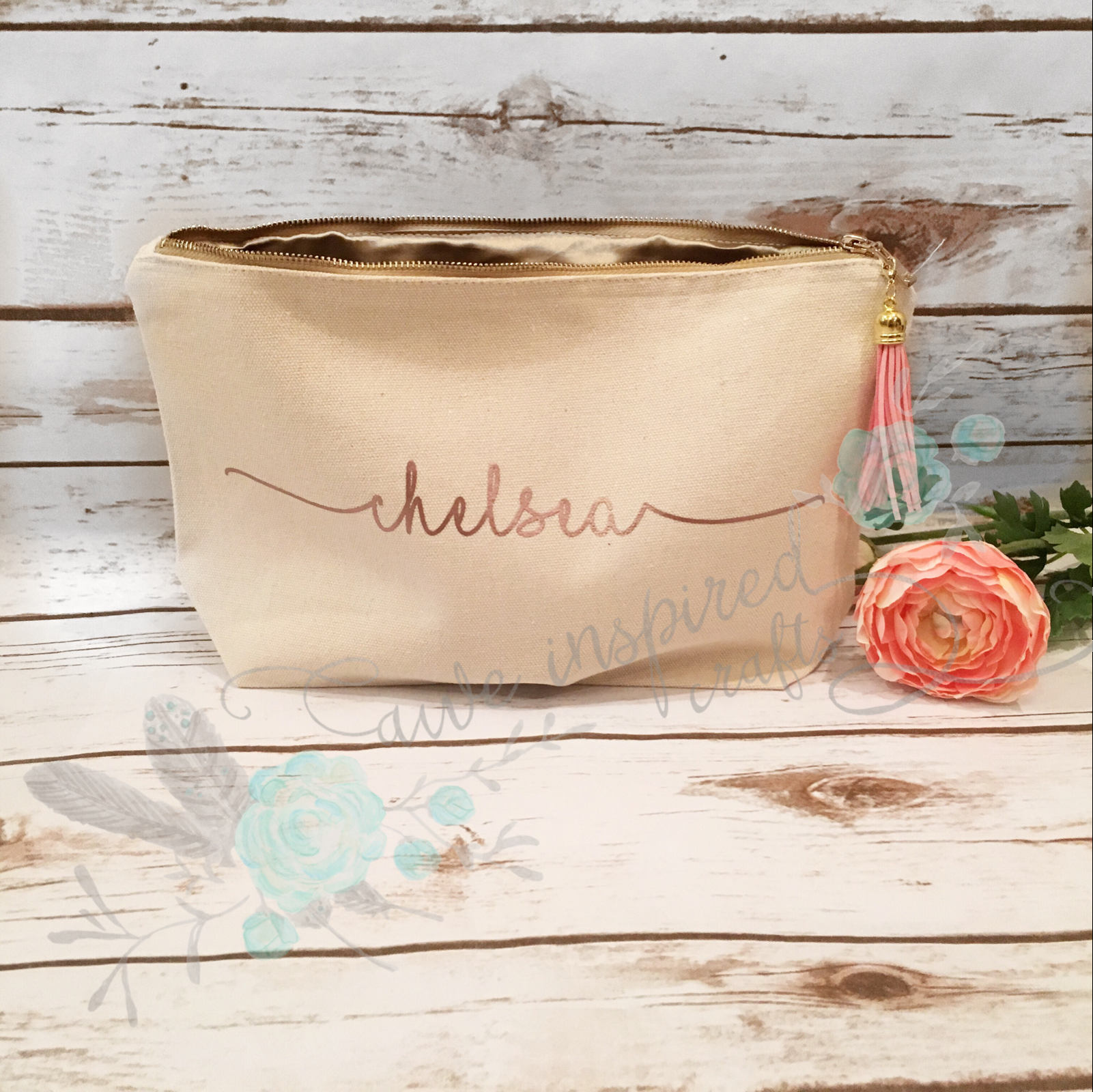 Canvas rose gold makeup bag with title on the back