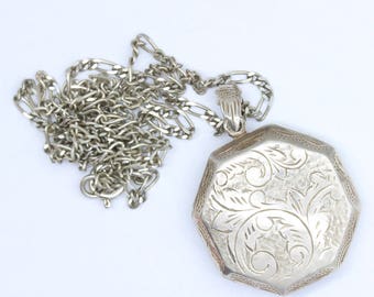 Vintage large sterling silver locket necklace/octagon locket/photo locket/photo necklace/etched locket/large locket/keepsake necklace