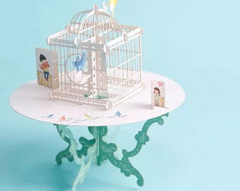 Beautiful intricate birdcage/ table greeting card with stunning detail of two birds in ornate cage on a round table /two small cards