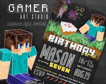 Chalkboard Birthday Invitation | Printable Boy's Gamer Themed Party Invitation - Inspired by Minecraft | Customized With YOUR Details