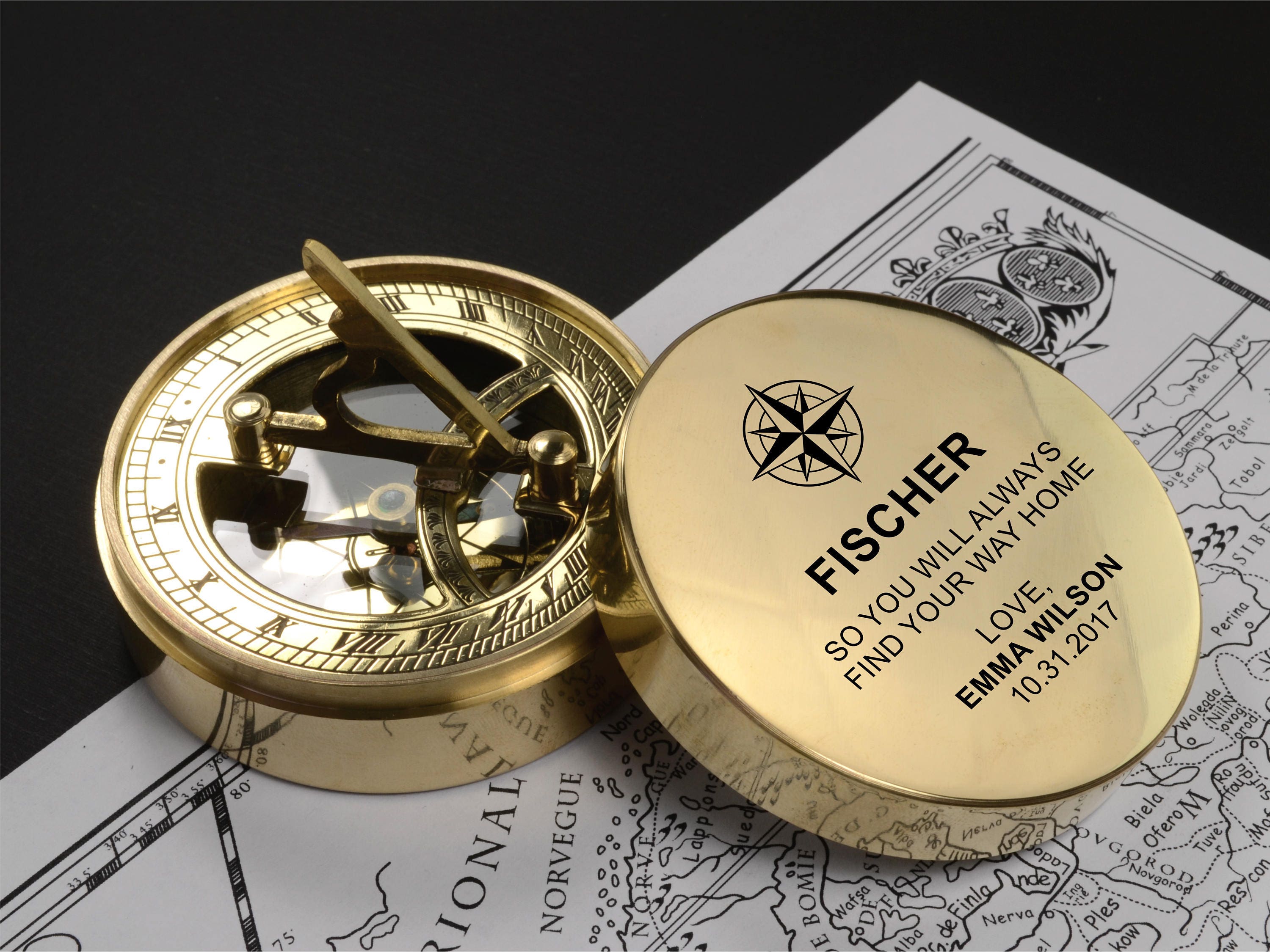 Engraved Compass Sundial Brass Personalized Compass