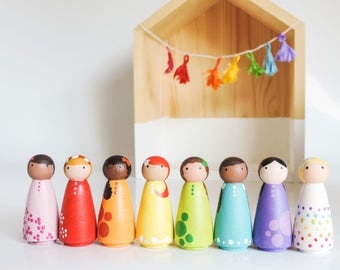 Waldorf Rainbow Peg Dolls - Sale, Little Wooden Peg People - Girl Room Decor - Peg Doll Set - Wood Dolls