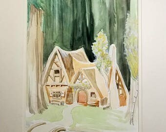 8x10 Disney Snow White Cottage Original Watercolor Painting