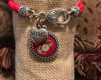 United States Marine Corps red leather lobster claw bracelet with domed charm with personalized accent charm of choice