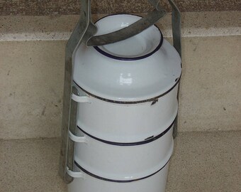 Vintage Enamel Stacking Pans Pale Blue Enamelware Cooking Pots Camping Soviet Kitchenalia Granitware Pots