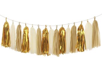 Ivory Gold Tassel Garland Kit Rustic Chic Wedding Decor,18pcs,Bridal Baby Shower Decorations,Ivory Gold Tissue Garland Tissue Fringe Banner